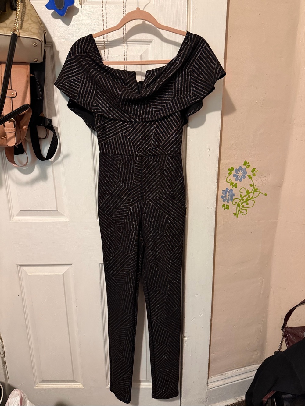 Off-Shoulder Black Patterned Jumpsuit